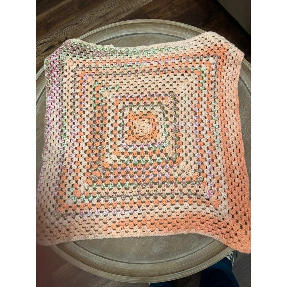 Handmade Crochet Granny Square Baby Blanket Peach Pink Green Multi Color 24x24